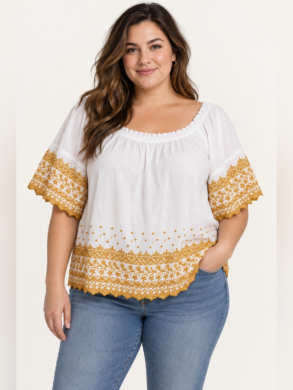 White Mustard Embroidered Boho Peasant Blouse